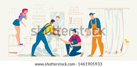 Plumbing Repair Service Flat Vector Concept. Plumbers Team Trying to Stop House Flooding Because of Sink Clogging in Bathroom, Repairing Leaky Pipe, Frightened Woman Standing on Bowl Illustration