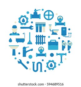 Plumbing repair and service illustration - vector colorful round symbol made with flat plumbing icons