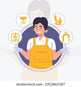 Plumbing repair service set maintenance worker water mechanic pumbing shower bathtub and sink drain