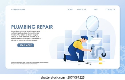 Plumbing repair service worker in blue overall fix clogged water pipe in bathroom with wrench, tools for plumbing repair on floor. Water overflows the sink, drop in puddle. Vector illustration