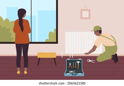 Plumbing Repair Work, Maintenance Construction Service Vector Illustration. Cartoon Plumber Worker Man Character Working On Installation Of Heating Equipment For Woman, Home Renovation Concept