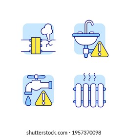 Plumbing RGB color icons set. Blue background. Thin line customizable illustration. Contour symbol. Vector isolated outline drawing.