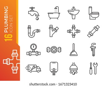 Plumbing And Sanitary Equipment Line Icons Contains Toilet, Sink, Bathtub, Pipe, Water Meter And More. Editable Stroke.