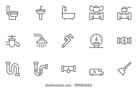 Plumbing and Sanitary Equipment Line Icons contains Toilet, Sink, Bathtub, Pipe, Water Meter and more. Editable Stroke. 48x48 Pixel Perfect.