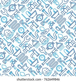 Plumbing seamless pattern with thin line icons of bathtub, shower, pipe, wrench, drop, leakage, meter, plunger. Modern vector illustration.