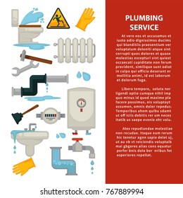 Plumbing service advertisement banner with sanitary engineering and pipes