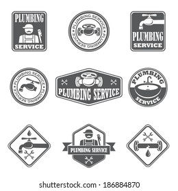 Plumbing service badges with water pipe plumber and tools isolated vector illustration