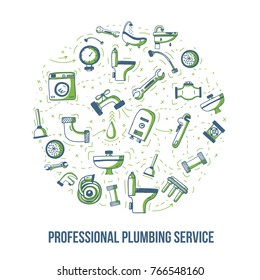 plumbing service banner in circle shape in doodle hand drawn style. Pipe equipment for home repair works with signs of bathroom, faucet, plunger, valve, boiler. Vector illustration for advertising.