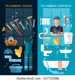Plumbing service banner. Plumber different tools and accessories pipe repair elimination of leaks 