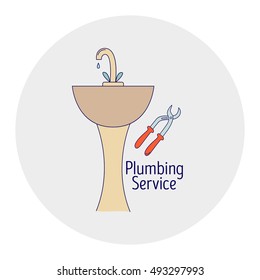 Plumbing service banner, poster or logo design. Line style plumbing equipment collection. Vector illustration.