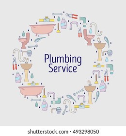 Plumbing service banner, poster or logo design. Line style plumbing equipment collection. Vector illustration.