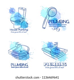 Plumbing service banners. Hand drawn shower, bathroom sink, toilet, sanitary wrench and tap for house plumbing promotion design. Outline vector illustration with drops of watercolor.