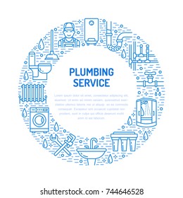 Plumbing service blue banner illustration. Vector line icon of house bathroom equipment, faucet, toilet, pipeline, washing machine, water boiler. Plumber repair circle template with place for text.