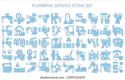 Plumbing service blue color icons set. contain bath, pipe, wrench, shower and more. use for modern concept, best for UI or UX kit, web and app development. vector EPS 10.