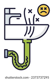 Plumbing service color icon, water pipe drain or sewerage repair vector line sign. Plumber service outline icon for sink pipes blockage fix and bathroom cleaning or kitchen drain sanitary maintenance