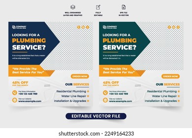 Plumbing service commercial poster design with creative shapes. Professional handyman hiring template vector with yellow and dark colors. Home maintenance and plumbing business promotion web banner.