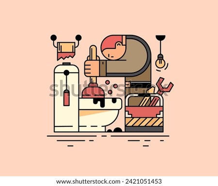 Plumbing service company. Plumber man is repairing toilet bowl using plunger and cleaning clogged sewer pipes in the outline drawing concept. Vector illustration.