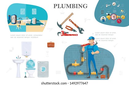 Plumbing service composition with bathroom interior washbasin boiler toilet washing machine toolbox hammer pipe wrench pliers plumber standing near sewage system vector illustration