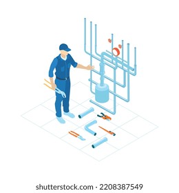 Plumbing service composition with plumber in uniform fixing pipeline 3d isometric vector illustration