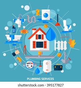 Plumbing service concept flat poster with sanitary icons circle composition with house and  water drop center vector illustration