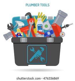 Plumbing Service Concept with Plumber Tools and Toolbox Icons. Isolated vector illustration.
