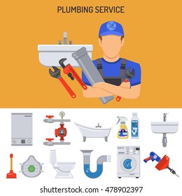 Plumbing Service Concept with Plumber, Tools and Device Flat Icons. Isolated vector illustration.