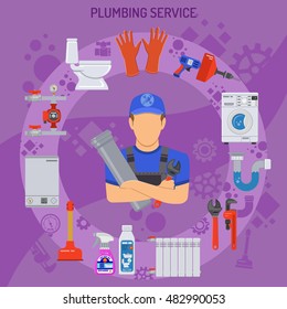 Plumbing Service Concept with Plumber, Tools and Device Flat Icons. Vector illustration.