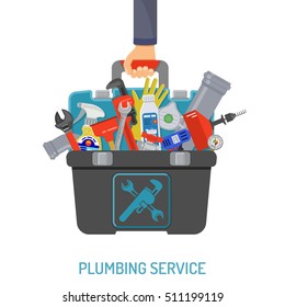 Plumbing Service Concept with Plumber Tools and Toolbox flat Icons in hand plumbing. Isolated vector illustration.