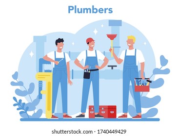 Plumbing service concept. Professional repair and cleaning of plumbing and bathroom equipmen. Vector illustration.