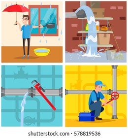 Plumbing Service Concept Set. Repair Fix Leaking Of Roof, Basement, Pipe. Vector Illustration. Isolated.