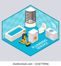 Plumbing service concept. Vector isometric cutaway bathroom interior with repairman fixing leaking washing machine.