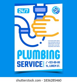 Plumbing Service Creative Promo Banner Vector. Mechanic Hand Holding Bath Or Sink Drain Pipe And Wrench Tool Service On Advertising Poster. Concept Template Style Color Illustration