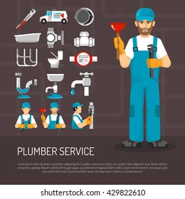 Plumbing service decorative icons set with repairmen pipeline faucet  meter sanitary ware on black background vector illustration 