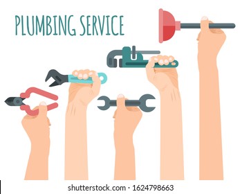 Plumbing service equipment hands vector illustration. Many man hand with different plumber tools. Plumbing set is plunger, monkey adjustable wrench or spanner and pliers