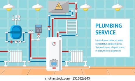 Plumbing Service Flat Design Vector Illustration. Boiler Room Equipment Color Clipart. Radiator, Water Pipe, Electrical Panel. Heating System. Construction Company Banner. Poster Design, Text Space