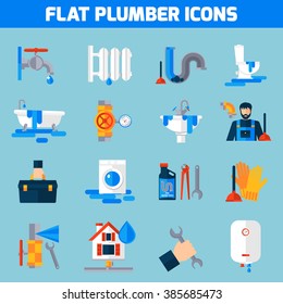 Plumbing service flat icons set with toilet bathtub and sink drain repair tools abstract isolated vector illustration