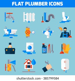 Plumbing service flat icons set with toilet bathtub and sink drain repair tools abstract isolated vector illustration