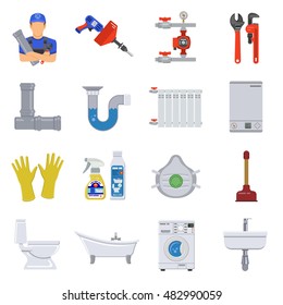 Plumbing Service Flat Icons Set with Plumber, Device and Tools items. Isolated vector illustration.