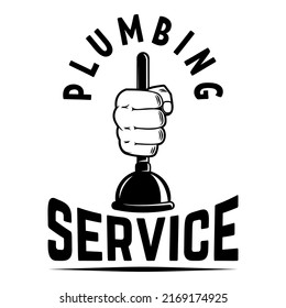 Plumbing service. Hand with plumbing plunger . Design element for logo, label, sign. Vector illustration