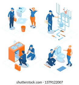 Plumbing service home office bathroom sanitary fixing installations boiler heating system repair 4 isometric compositions vector illustration