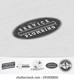 Plumbing service. Home repairs. Repair and maintenance of buildings.Old retro vintage grunge. Scratched, damaged, dirty effect. Monochrome typographic labels, stickers, logos and badges. 
