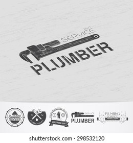 Plumbing service. Home repairs. Repair and maintenance of buildings.Old retro vintage grunge. Scratched, damaged, dirty effect. Monochrome typographic labels, stickers, logos and badges.