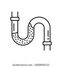 Plumbing service icon with thin line drain pipe clog. Vector blocked water pipe trap of kitchen or bathroom sink, toilet sewer or sewerage. Drain cleaning or unclog plumbing service outline symbol