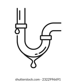 Plumbing service icon of water pipe leakage, vector line symbol for plumber repair. Water pipe plumbing service icon for bathroom, kitchen or toilet sewerage and drain tube leakage in linear pictogram