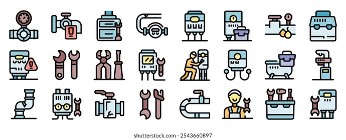 Ícones do serviço de encanamento retratam vários aspectos da profissão de encanamento, incluindo ferramentas, tubos e encanadores no trabalho