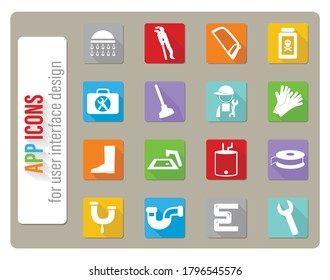 plumbing service icons set in flat design with long shadow