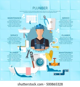 Plumbing service infographics professional plumber repairing bathrooms, toilets, washing machines vector illustration 