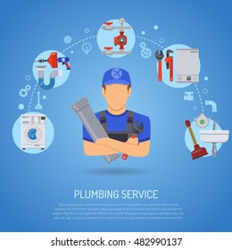 Plumbing Service Infographics Repair and Cleaning with Plumber, Tools and Device Flat Icons. Vector illustration.