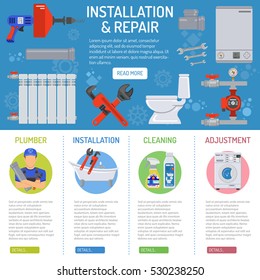 Plumbing Service Installation and Repair infographics with Plumber, Tools and Device Flat Icons. Vector illustration.