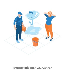 Plumbing service isometric composition with characters of plumber client and leaking sink 3d vector illustration